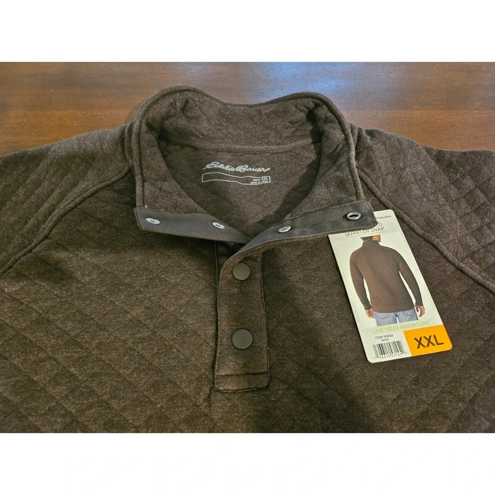 Eddie Bauer Men's Quilted Quarter Snap Brown Polo Kangaroo Pocket‎ Size XXL New
